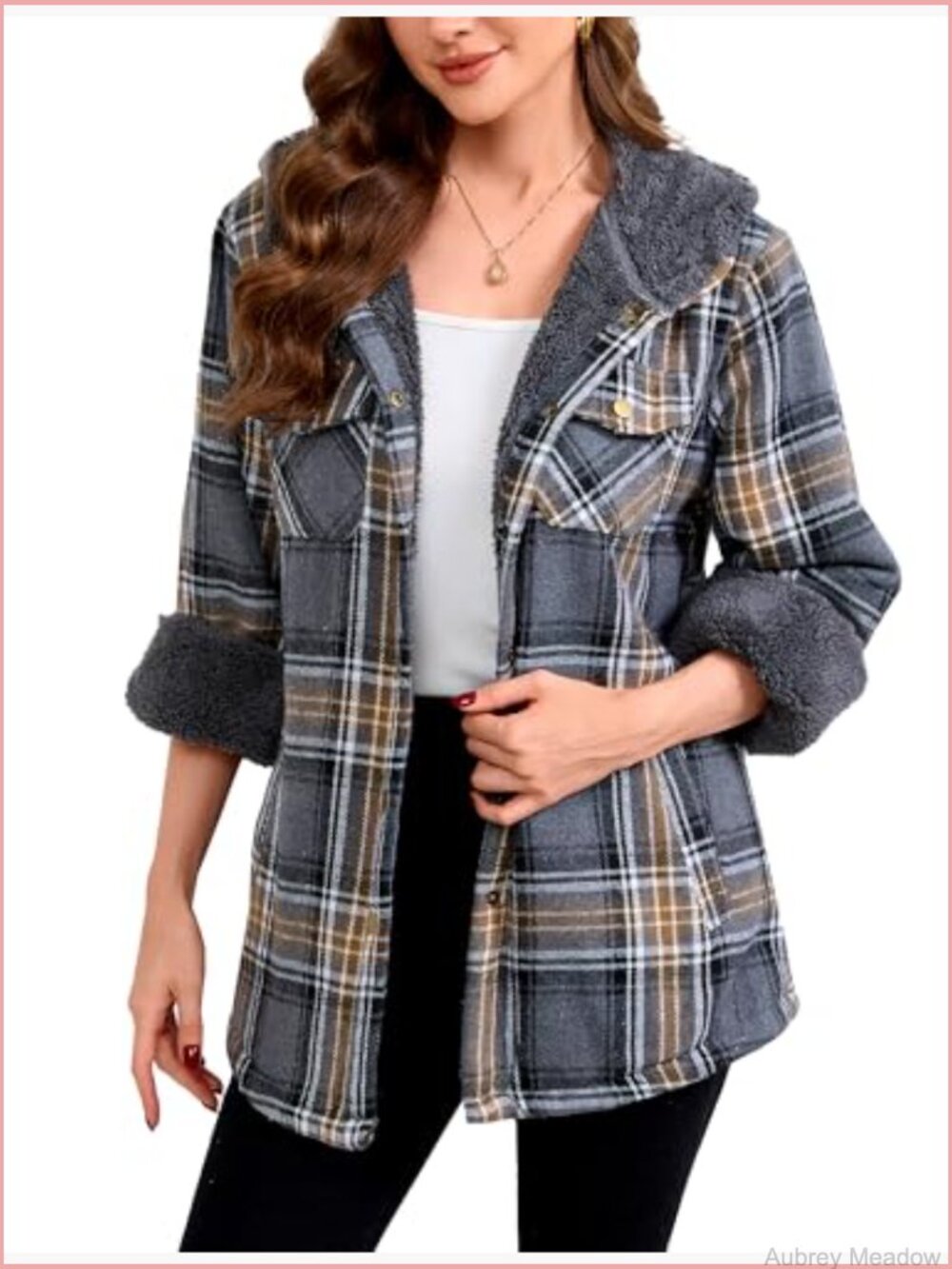 Plaid Sherpa Lined Fleece Flannel Jacket Button Down Hooded Coat - Picture 2 of 7